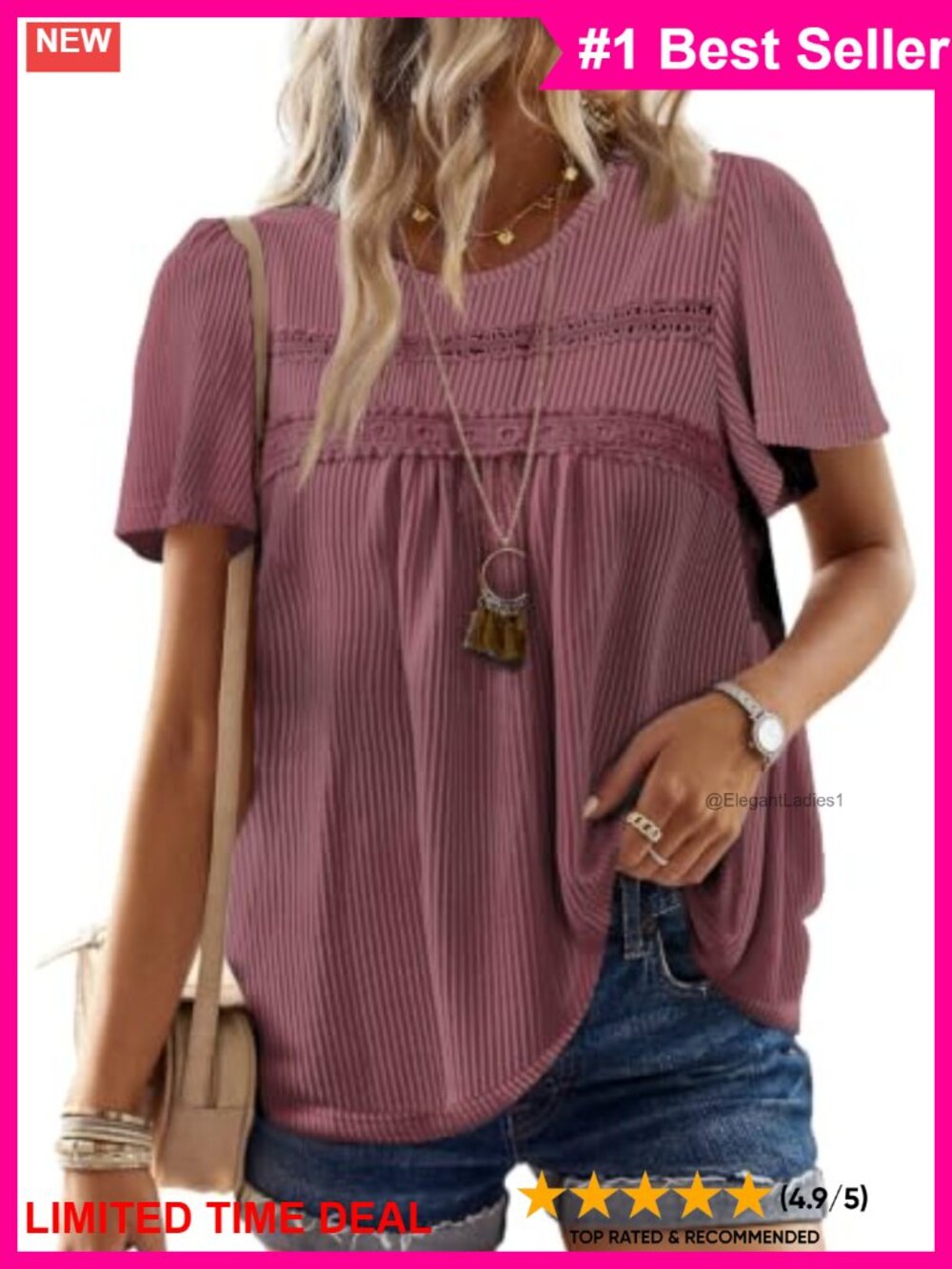 Ribbed Crochet Short Sleeve Boho Tunic Top Loose Fit Casual Summer Blouse